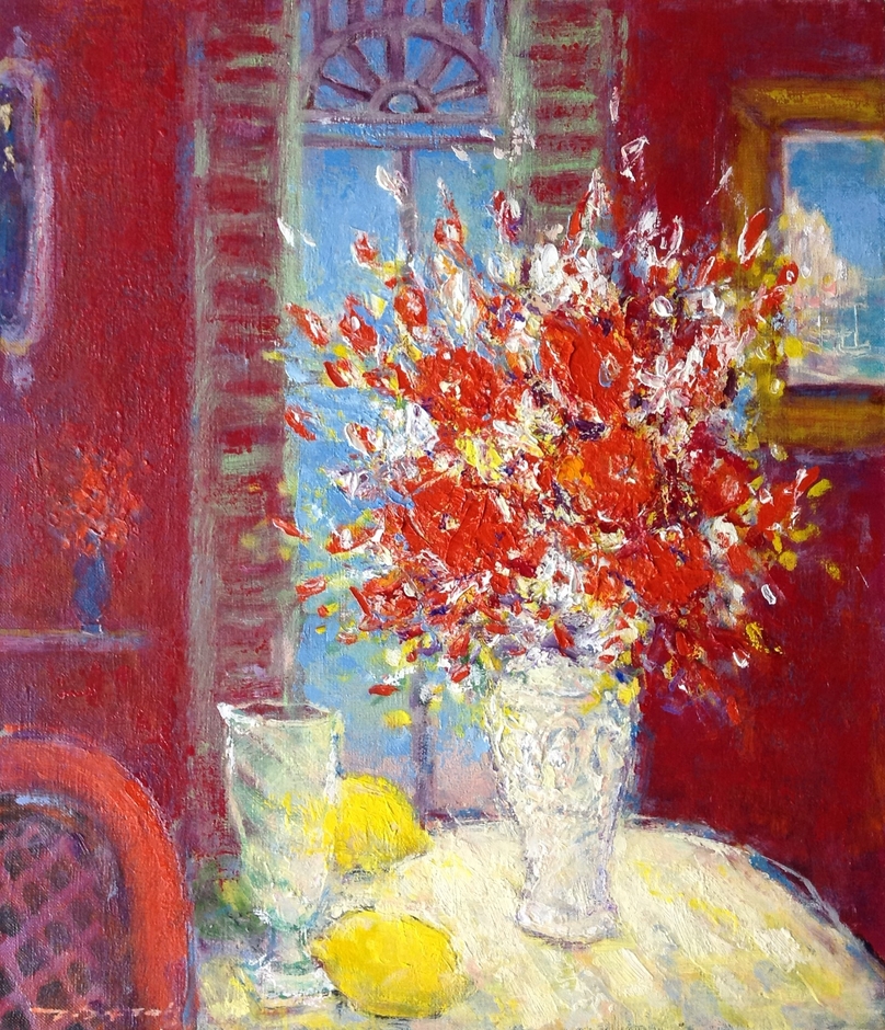 窓辺のバラとレモン F10