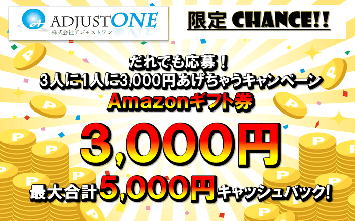 最大5,000円だれでも応募！3人に1人に3,000円あげちゃうキャンペーン