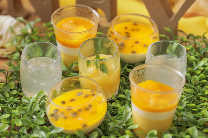 はちみつレモンジュレ/マンゴー&ココナッツムース/オレンジジュレ/パッションフルーツソースのパンナコッタ: お口直しにさっぱり召し上がっていただけます。