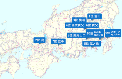 トップ10の駅にピン（マーク）した「駅すぱあと全国路線図」