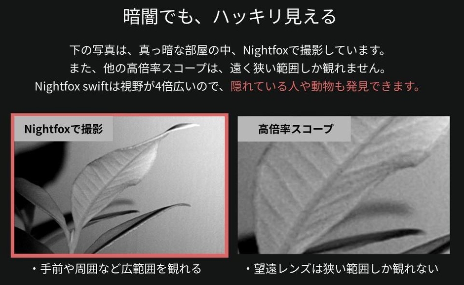 Nightfoxと高倍率スコープの視野の違いを比較した暗所撮影画像