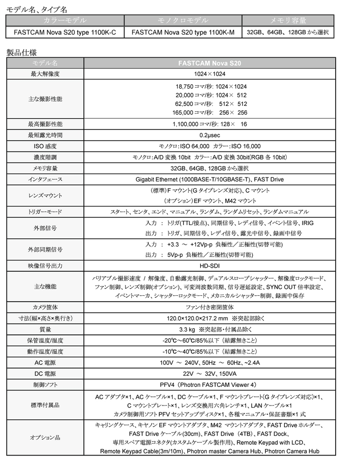 『FASTCAM Nova S20』の主な仕様