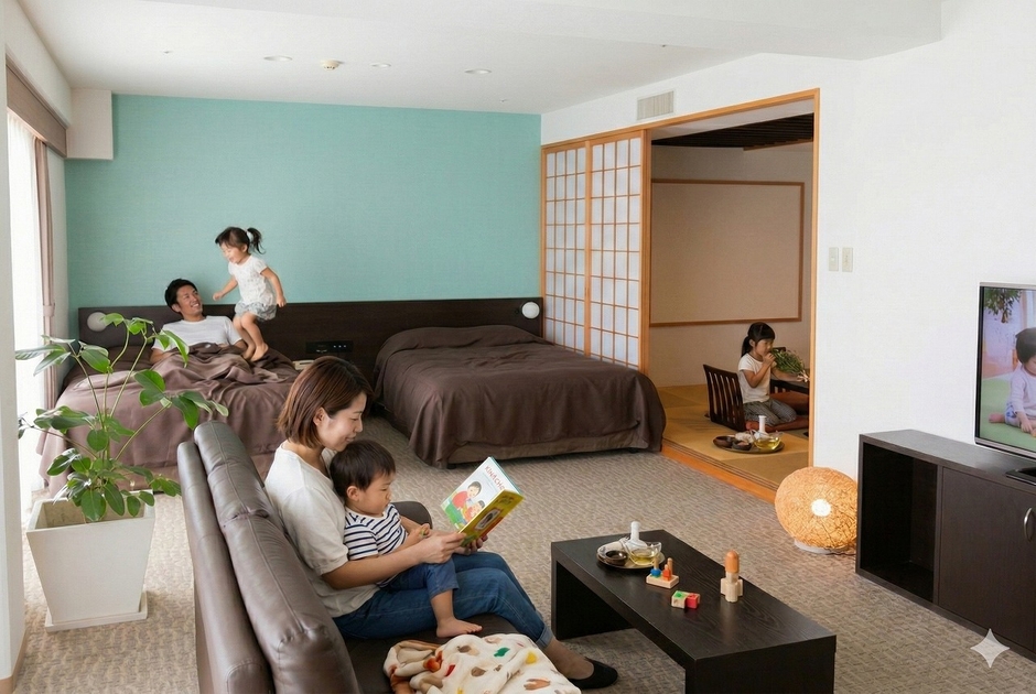 ファミリールームで過ごす子連れファミリー