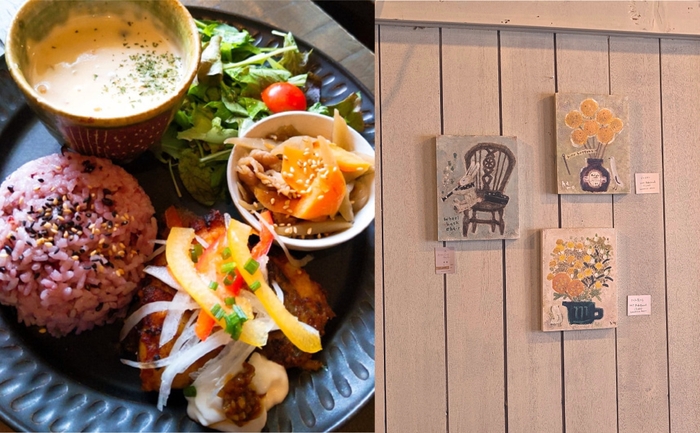 (左から)「季節野菜と糀のごはんプレート」、常設展示中のハモニコ絵本さんの原画パネル