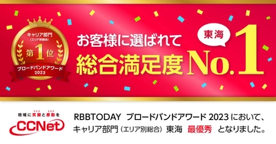 東海エリア総合満足度No.1！ 「ブロードバンドアワード2023」で「ＣＣＮｅｔ」が最優秀賞を獲得