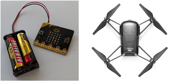 出前授業で活用する教育向けマイコンボード「micro:bit」（左）、ドローン（右）