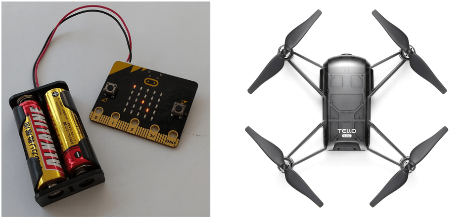 出前授業で活用する教育向けマイコンボード「micro:bit」(左)、ドローン(右)