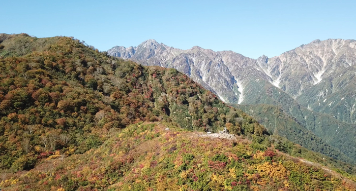 地蔵ケルン周辺の紅葉と五竜岳。