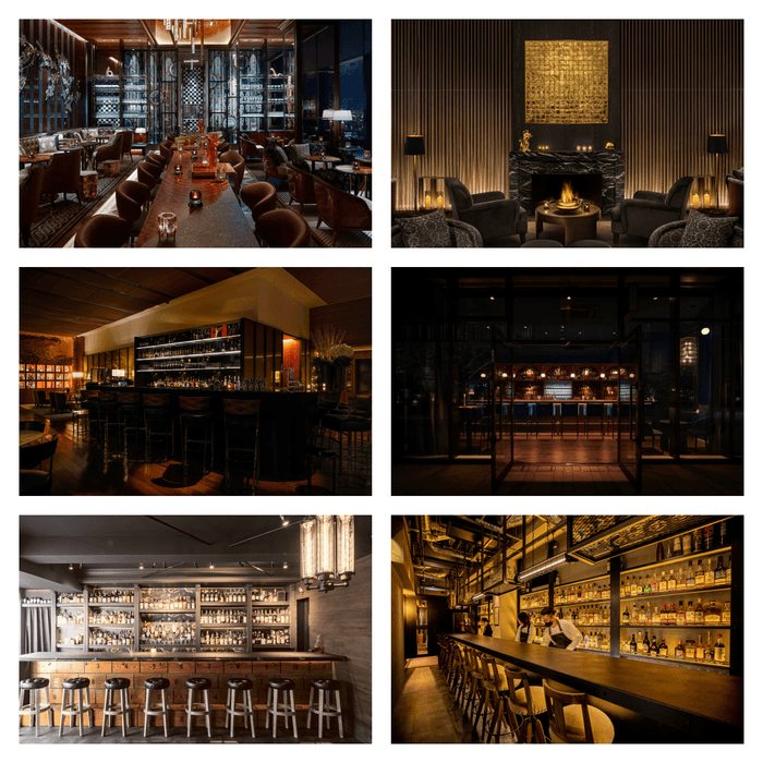 左上から時計回り:「VIRTU」ヴェルテュ/フォーシーズンズ東京大手町、「Gold Bar」ゴールド バー / 東京エディション虎ノ門、「ESCAPE by COCKTAIL WORKS」エスケープ バイ カクテルワークス、「Fairground Bar & Wine Shop」フェアグラウンド バー&ワインショップ、「BAR dilly dally」バー ディリー ダリ―、「Bulgari Ginza Bar」ブルガリ ギンザ・バー