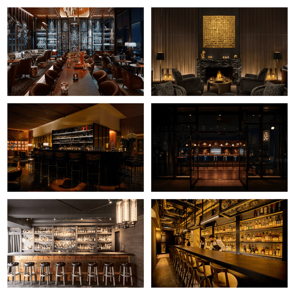 左上から時計回り:「VIRTU」ヴェルテュ/フォーシーズンズ東京大手町、「Gold Bar」ゴールド バー / 東京エディション虎ノ門、「ESCAPE by COCKTAIL WORKS」エスケープ バイ カクテルワークス、「Fairground Bar & Wine Shop」フェアグラウンド バー&ワインショップ、「BAR dilly dally」バー ディリー ダリ―、「Bulgari Ginza Bar」ブルガリ ギンザ・バー