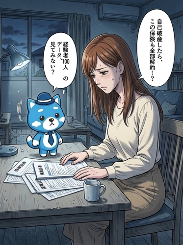 自己破産を前に保険証券を見つめ「この保険も全部解約されるのか」と不安そうな女性に、マスコットのあおちゃんが経験者100人の調査を見てみようと声をかける漫画