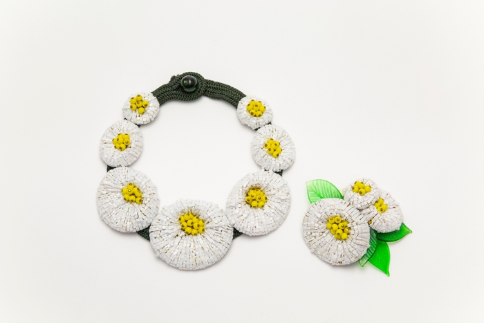 ミリアム・ハスケル《ネックレス、クリップ“フラワー”モチーフ デザイン:フランク・ヘス 制作:ミリアム・ハスケル工房 制作年:1938年 制作国:アメリカ 素材:ヴェネチアンビーズ、ガラスペースト、プラスチック、シルクコード、メタル