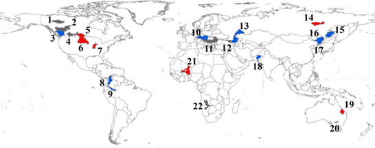 図2 地球温暖化による過去の洪水の生じやすさ 2010年から2013年に生じた大規模な洪水のうち、過去の地球温暖化で生じやすさが増加したものが青、赤が減少、灰色が有意な変化がなかった流域 Hirabayashi et al., 2021b
