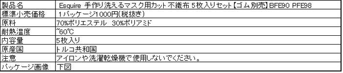 「Esquire 手作り洗えるマスク用カット不織布 5枚入りセット【ゴム別売】BFE90 PFE98」製品仕様