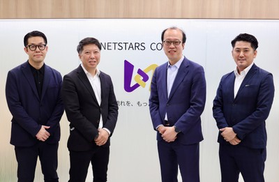 写真:左からRM代表取締役社長兼COO 渡部 真也、サツドラホールディングス代表取締役社長兼CEO 富山 浩樹、ネットスターズ代表取締役社長 李 剛、取締役COO 長福 久弘