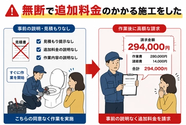 トイレ修理、高額の見積もり書が出たのは作業が終わった後だった　 水道修理のセーフリーが当事者を取材　 暮らしのレスキューサービスの高額請求トラブルについて、 依頼前に確認したい6つのポイントを公開