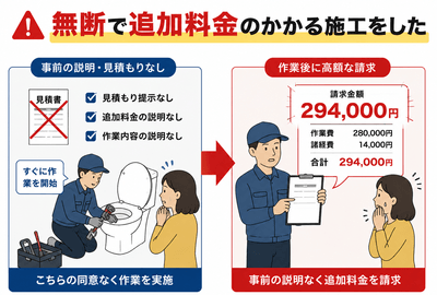 安値表示→高額請求の対比イラスト　※本画像は生成AIを活用して作成したイメージです。