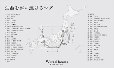 同一の形状のもと、47都道府県の産地 と製作するマグ。 24の府県(32窯元)で製作されたマグを販売中、23の都道府県の窯元と製作が進行中。