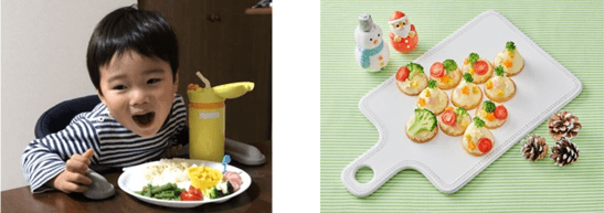 左:コーン好きな息子の食事 / 右:マッシュポテトのツリーカナッペ