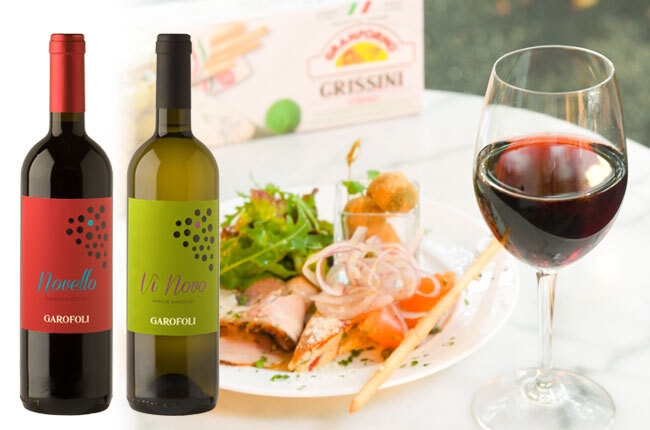 白ワイン「Vi Novo Marche」(右)と赤ワイン「Novello Marche」(左)