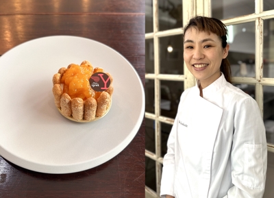 「chez Y」の「アプリコットとチーズケーキのシャルロット」とオーナーシェフ 広幡 有紀氏