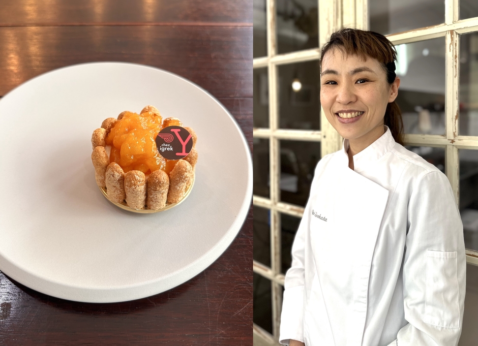 「chez Y」の「アプリコットとチーズケーキのシャルロット」とオーナーシェフ 広幡 有紀氏