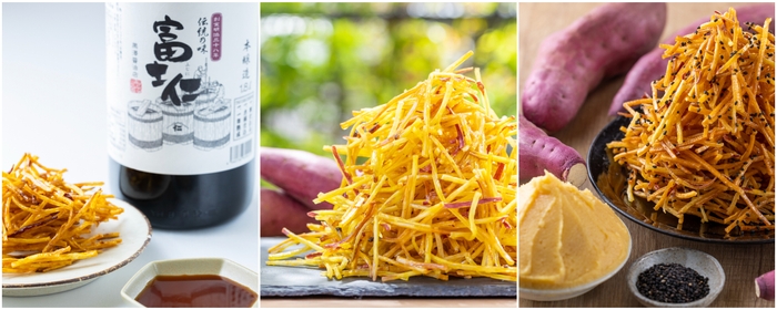 左から)極細醤油けんぴ 焦がし仕立て/黄金極細けんぴ プレーン/黄金極細けんぴ 胡麻味噌