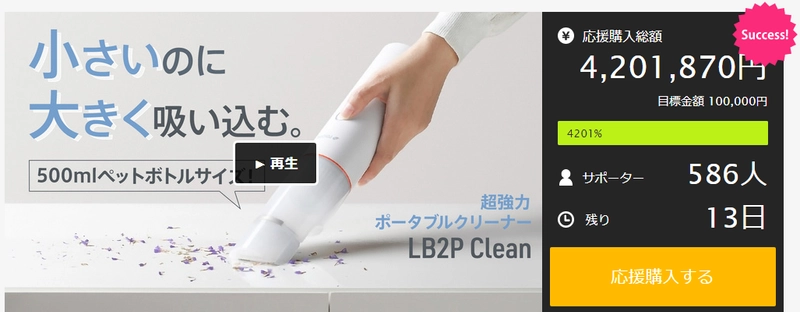 次世代のスマートハンドクリーナー「LB2P Clean」の クラウドファンディングを実施し、目標金額の4200％達成
