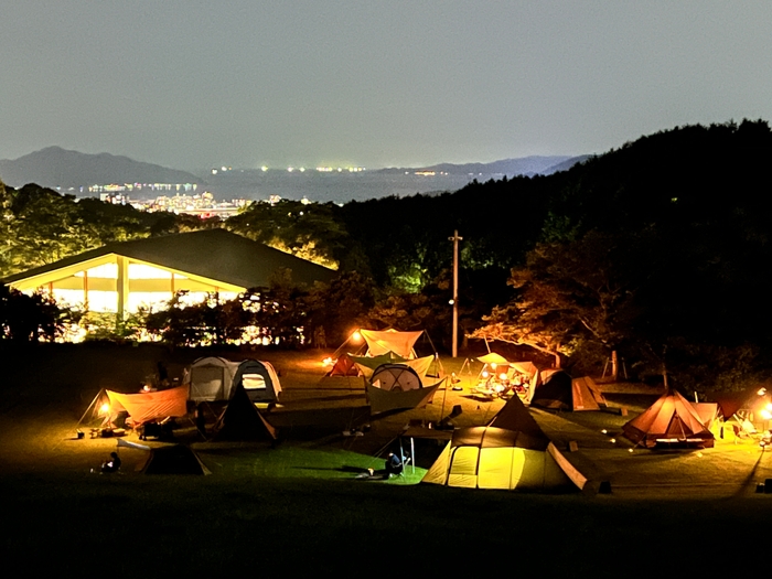 芝生の坂から見える夜景に癒される