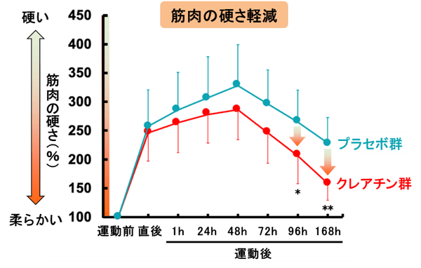 図1　運動後の筋肉の硬さに対するクレアチンの効果　n=10、Bonferroni法、*p<0.05、**p<0.01、vs. プラセボ群 （ECSS Paris 2023発表内容より改変）