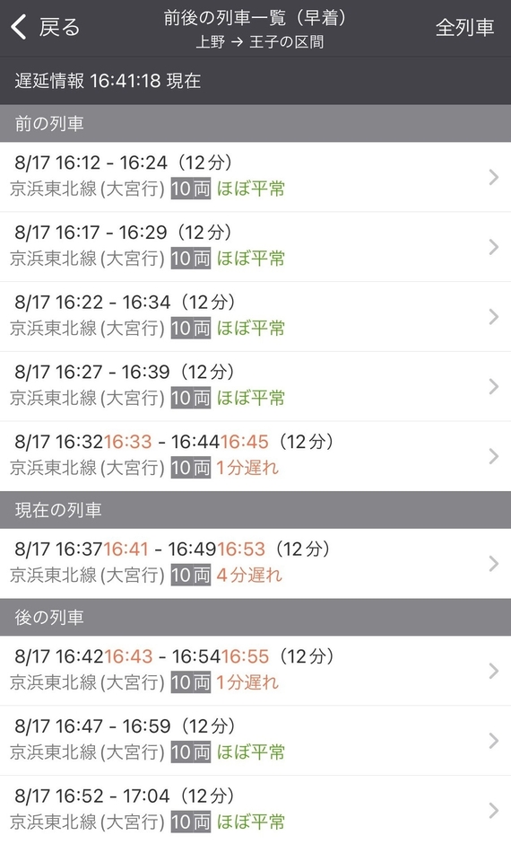 前後列車一覧