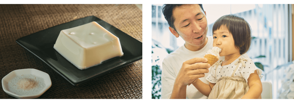 左:出来立てホカホカの湯奴(ゆやっこ)、右:直売所でしか食べられないソフトクリーム