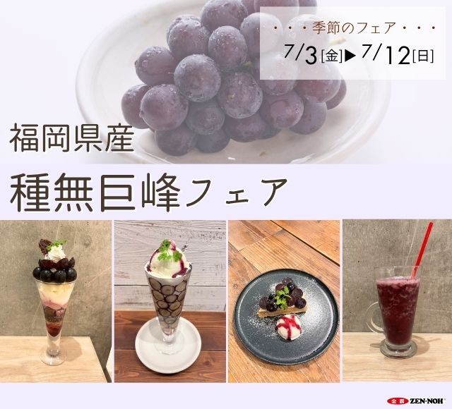 ~甘さ、果汁ともにピカイチなブドウの王様!~全農直営飲食店舗で「福岡県産種無巨峰フェア」を7月3日(金)~7月12日(日)まで開催