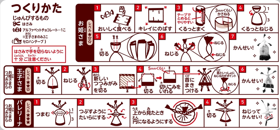 ＜用意するもの＞ ・はさみ　 ・アルファベットチョコレートのつつみがみ ・セロハンテープ