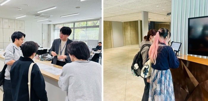 現在の学部窓口の様子（左）/情報学部の「オンライン窓口」の様子（右）