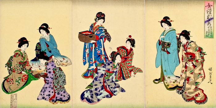 Photo.13 「女礼式之内 客を座敷へ入る火鉢煙草盆進め様」 楊洲周延 明治26年(1893) 大判錦絵三枚続き