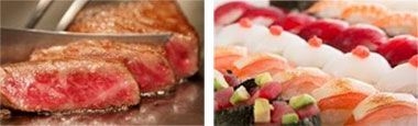 (左)ビーフステーキ(右)にぎり寿司