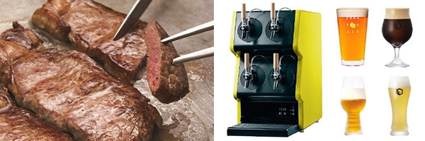 (左から)ワンコインステーキ(500円)、クラフトビール(飲み放題1,000円)