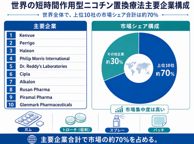 図.   世界の短時間作用型ニコチン置換療法・メーカー上位10社のランキングおよび市場シェア