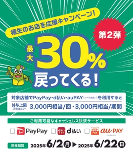 福生市の対象店舗にて、PayPay・auPAY・d払いで 最大30％分のポイントが還元されるキャンペーンを 6月2日～22日に実施！