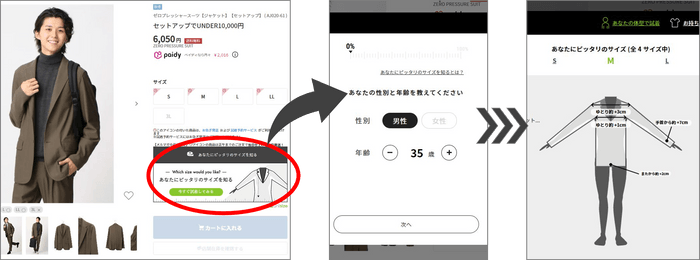 【サイズ案内までの流れ】「あなたにピッタリのサイズを知る」 ⇒ 性別、伸長、体重など簡単なアンケートに回答 ⇒ ピッタリのサイズを案内