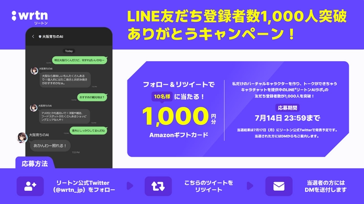 リリースから3週間で1,000人突破！ LINEでChatGPTや仮想のAIキャラクターとトークができる 「リートンAIラボ」、“ありがとうキャンペーン”を実施！