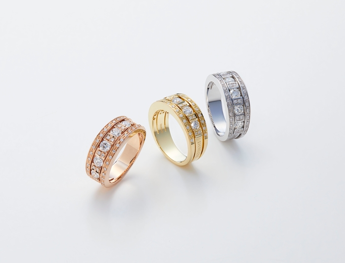 日本橋三越本店にて先行発売される 「ベル エポック」リング 先行発売はPG(左)とYG(中央)