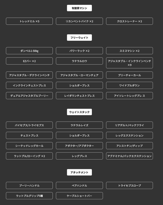 充実したマシンラインナップの一覧表。有酸素マシン、フリーウェイト、ウェイトスタック、アタッチメントを完備
