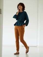 ベルト付きブラウス/日本製コットンストレッチパンツ