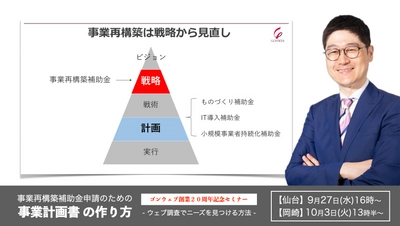 ＜採択される事業計画書とは？＞ 全国13ヵ所で開催のセミナーツアー 『事業再構築補助金申請のための事業計画書の作り方』が いよいよ最終　 ＜9月27日(水)仙台、10月3日(火)愛知県岡崎市＞がラスト開催