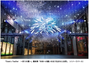 大阪梅田ツインタワーズ・ノース1階「コンコース」  冬のクリスマス イルミネーション 「Cosmic Feather ～祈りの翼～」  最終章「未来への願いの光で包まれた世界」