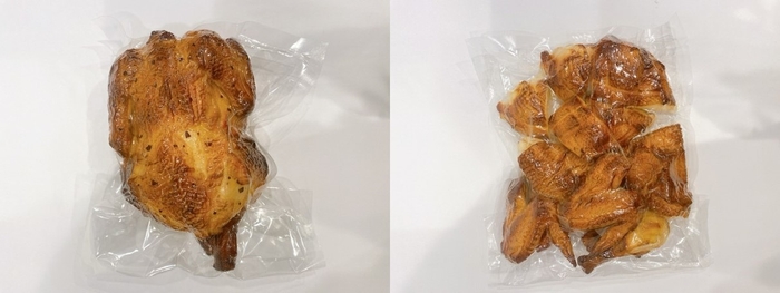「グレイトチキン」丸鶏真空パックタイプ(左)とカット済み真空パックタイプ