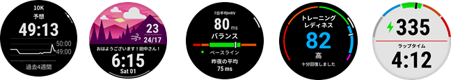 左からレースウィジェット、モーニングレポート、HRV ステータス、トレーニングレディネス、ランニングパワー