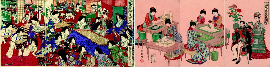 (画像左)歌川国利作「養蚕天覧之図」 (画像右)翠軒竹葉作「宮中養蚕之図」